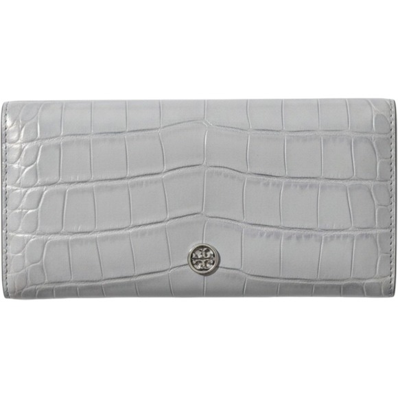 Tory Burch Handbags - Tory Burch Light Blue Croc Embossed Leather Slim Long Wallet Silver Logo